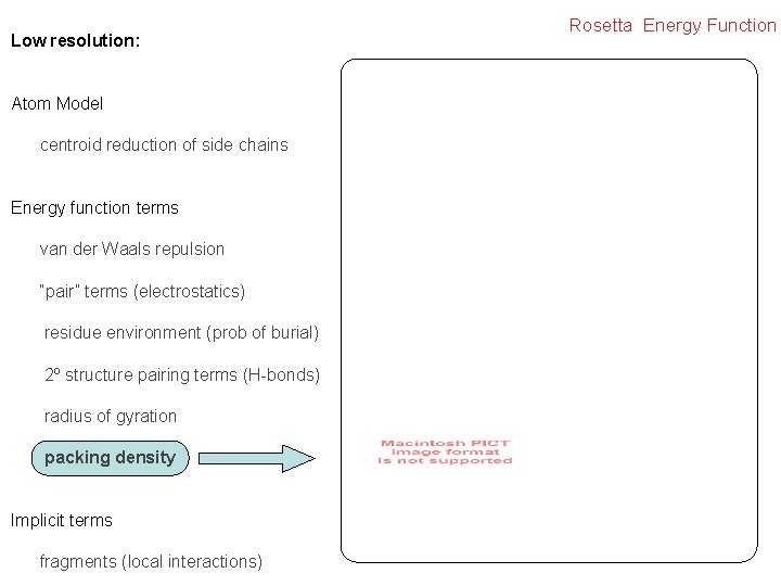 Low resolution: Atom Model centroid reduction of side chains Energy function terms van der