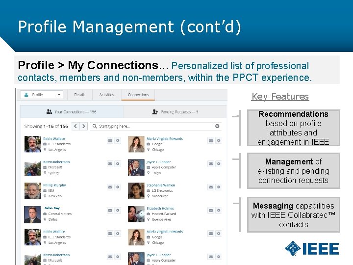 Profile Management (cont’d) Profile > My Connections… Personalized list of professional contacts, members and