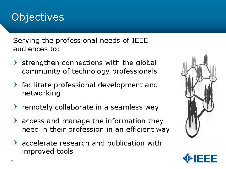 Objectives Serving the professional needs of IEEE audiences to: strengthen connections with the global