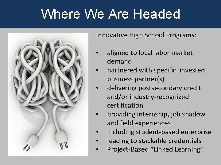 Where We Are Headed Innovative High School Programs: • • aligned to local labor