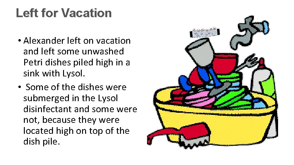 Left for Vacation • Alexander left on vacation and left some unwashed Petri dishes