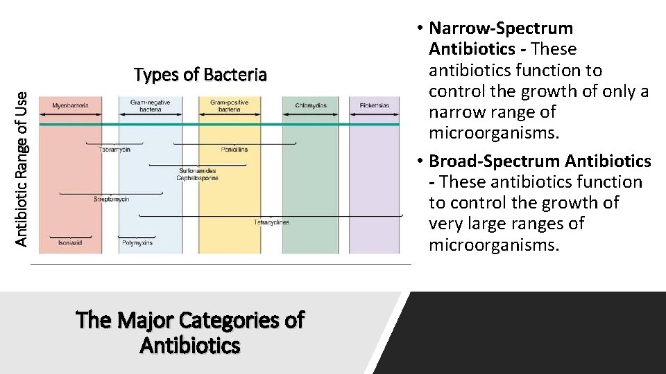 Antibiotic Range of Use Types of Bacteria The Major Categories of Antibiotics • Narrow-Spectrum