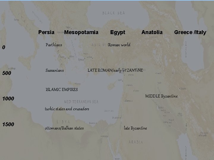 Persia Mesopotamia Egypt Anatolia Greece /Italy 0 Parthians 500 Sassanians Roman world LATE ROMAN/early