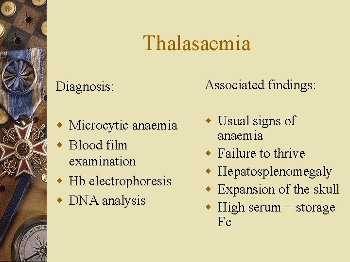Thalasaemia Diagnosis: Associated findings: w Microcytic anaemia w Blood film examination w Hb electrophoresis