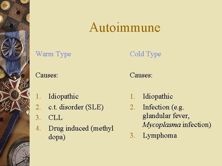 Autoimmune Warm Type Cold Type Causes: 1. 2. 3. 4. 1. Idiopathic 2. Infection