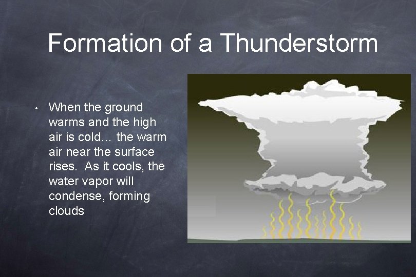 Formation of a Thunderstorm • When the ground warms and the high air is