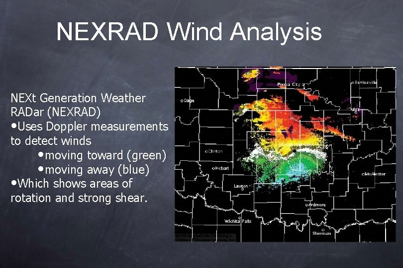 NEXRAD Wind Analysis NEXt Generation Weather RADar (NEXRAD) • Uses Doppler measurements to detect