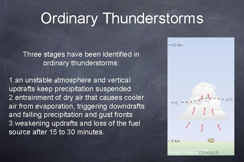 Ordinary Thunderstorms Three stages have been identified in ordinary thunderstorms: 1. an unstable atmosphere