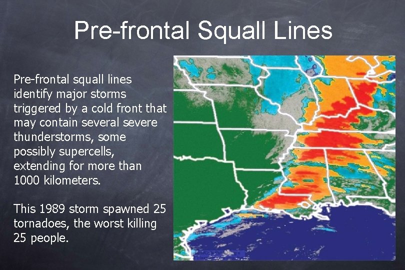Pre-frontal Squall Lines Pre-frontal squall lines identify major storms triggered by a cold front