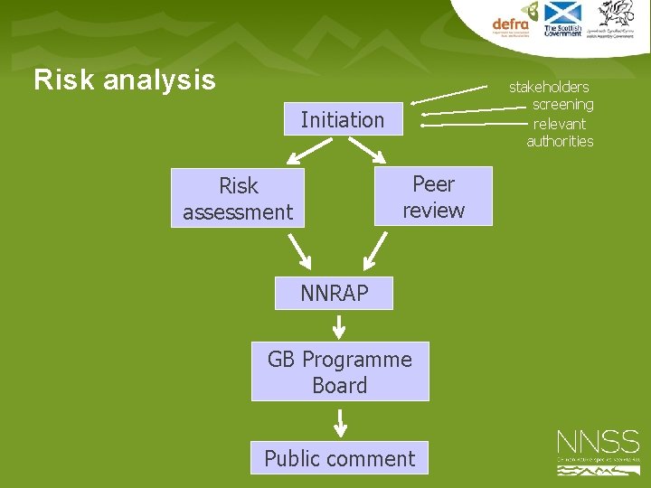 Risk analysis stakeholders screening relevant authorities Initiation Peer review Risk assessment NNRAP GB Programme