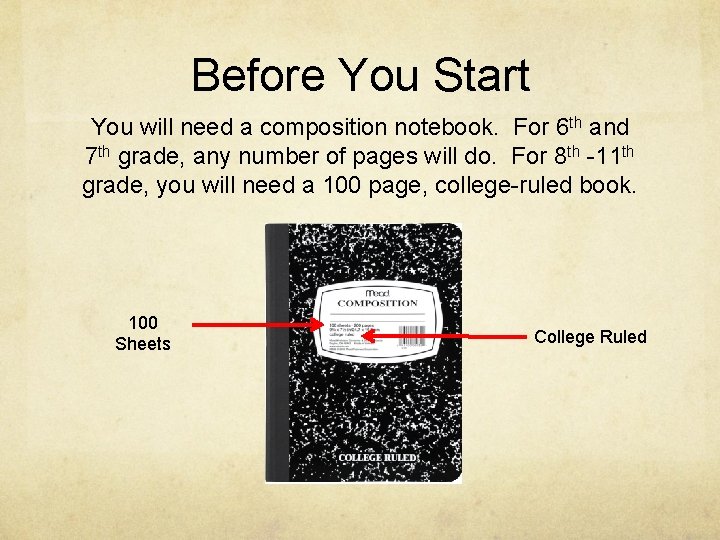Before You Start You will need a composition notebook. For 6 th and 7