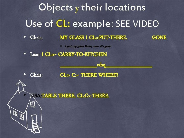 Objects y their locations Use of CL: example: SEE VIDEO • Chris: MY GLASS