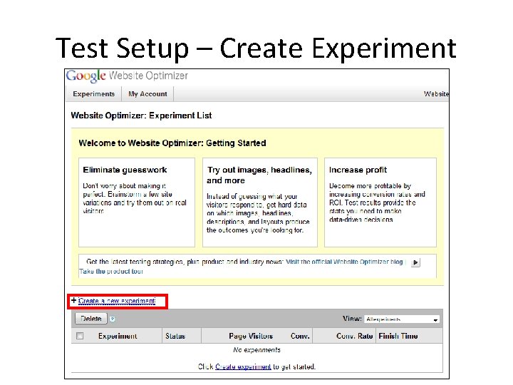 Test Setup – Create Experiment 