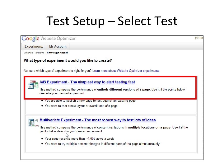 Test Setup – Select Test 