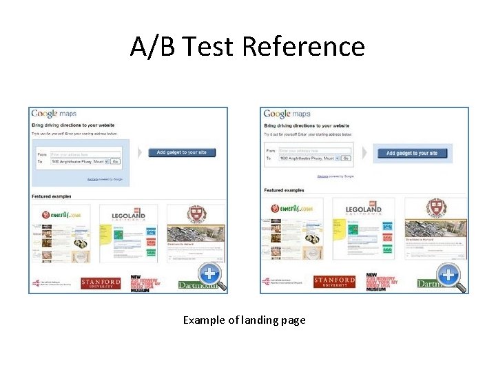 A/B Test Reference Example of landing page 