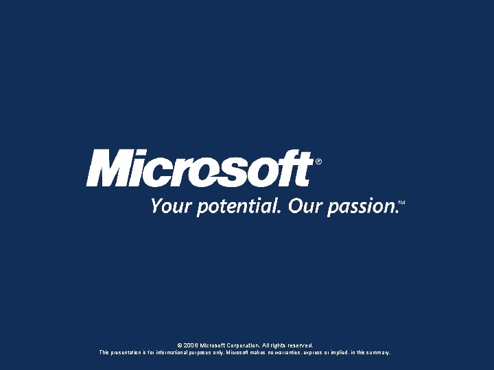 © 2006 Microsoft Corporation. All rights reserved. This presentation is for informational purposes only. © 2006 Microsoft Corporation. All rights reserved. This presentation is for informational purposes only.
