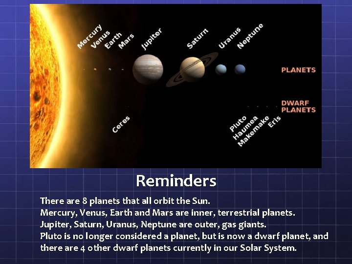 Reminders There are 8 planets that all orbit the Sun. Mercury, Venus, Earth and