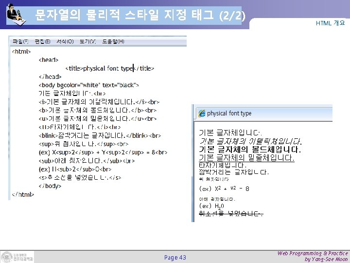 문자열의 물리적 스타일 지정 태그 (2/2) Page 43 HTML 개요 Web Programming & Practice