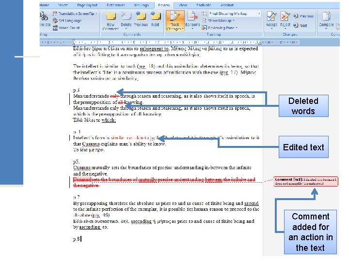 Deleted words Edited text Comment added for an action in the text 