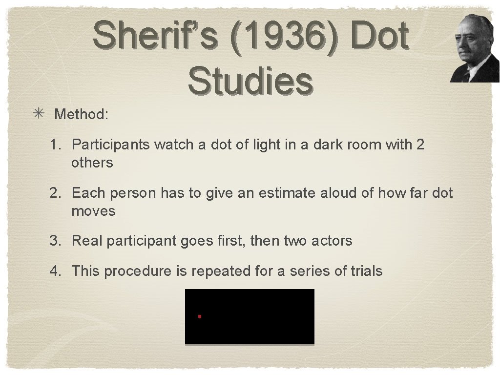 Sherif’s (1936) Dot Studies Method: 1. Participants watch a dot of light in a