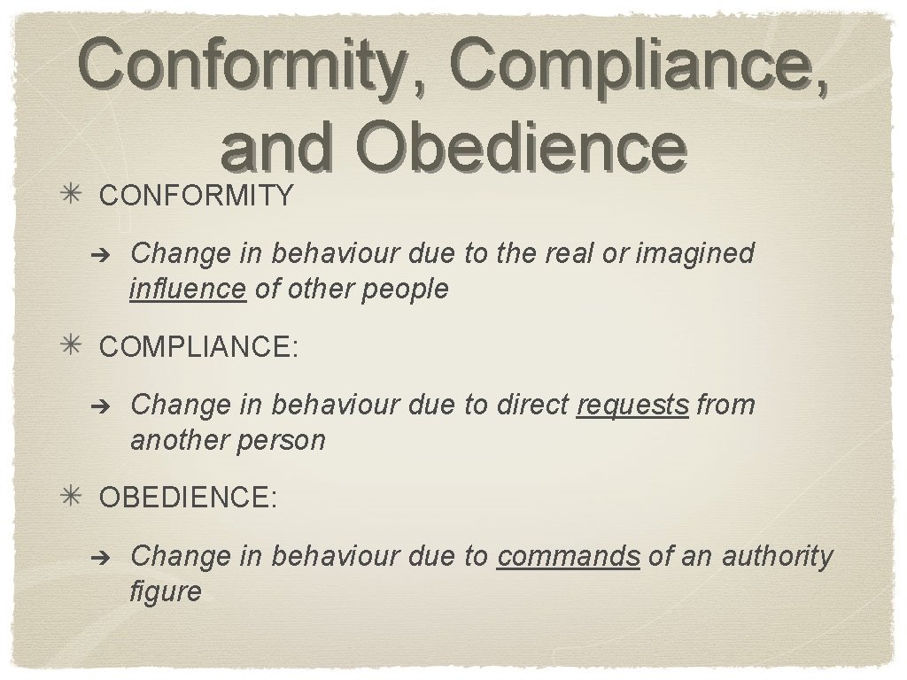 Conformity, Compliance, and Obedience CONFORMITY ➔ Change in behaviour due to the real or