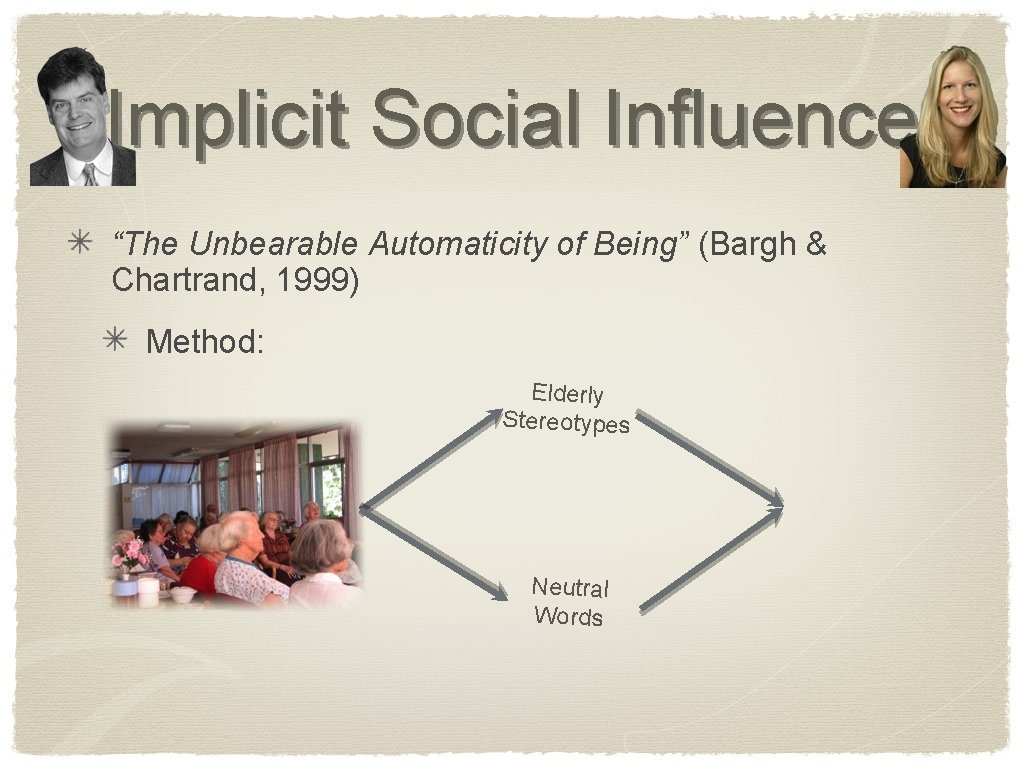 Implicit Social Influence “The Unbearable Automaticity of Being” (Bargh & Chartrand, 1999) Method: Elderly