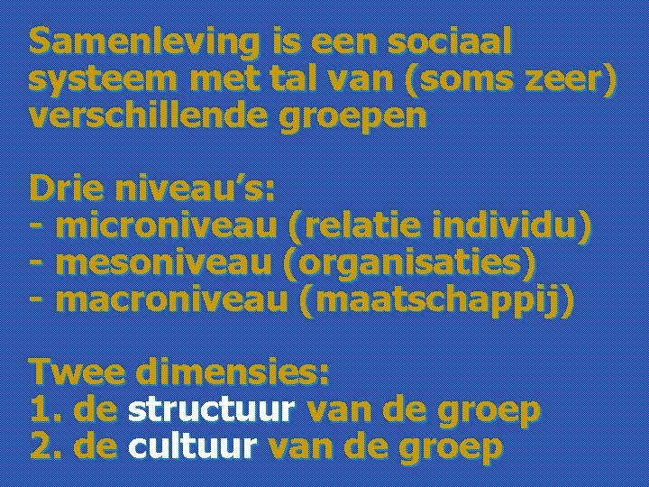 Samenleving is een sociaal systeem met tal van (soms zeer) verschillende groepen Drie niveau’s: