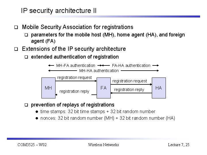 IP security architecture II q Mobile Security Association for registrations q q parameters for