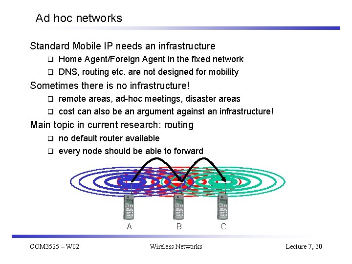 Ad hoc networks Standard Mobile IP needs an infrastructure Home Agent/Foreign Agent in the