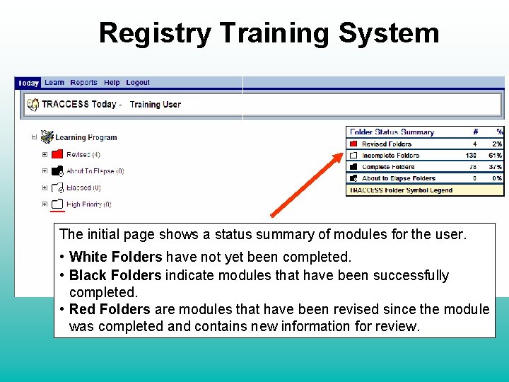 Registry Training System The initial page shows a status summary of modules for the