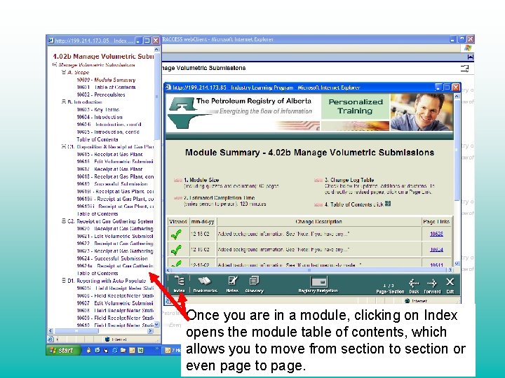 Once you are in a module, clicking on Index opens the module table of