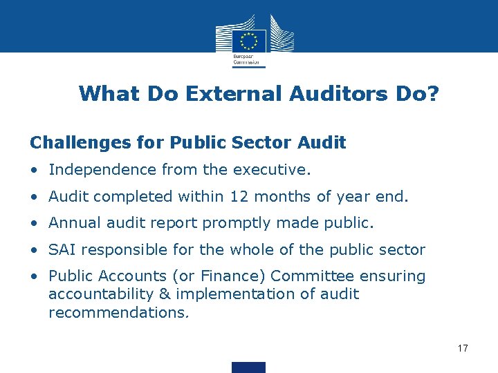 What Do External Auditors Do? Challenges for Public Sector Audit • Independence from the