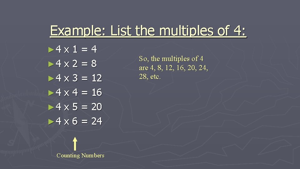 Example: List the multiples of 4: ► 4 x 1=4 ► 4 x 2