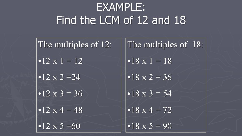 EXAMPLE: Find the LCM of 12 and 18 The multiples of 12: The multiples