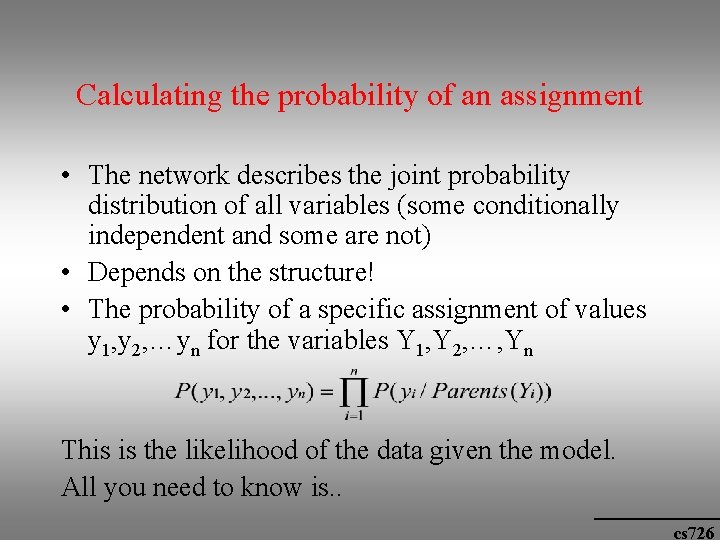 Calculating the probability of an assignment • The network describes the joint probability distribution
