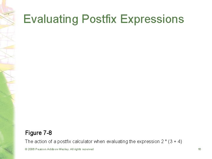 Evaluating Postfix Expressions Figure 7 -8 The action of a postfix calculator when evaluating Evaluating Postfix Expressions Figure 7 -8 The action of a postfix calculator when evaluating