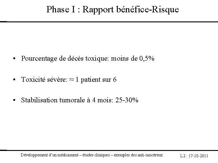  Phase I : Rapport bénéfice-Risque • Pourcentage de décès toxique: moins de 0,