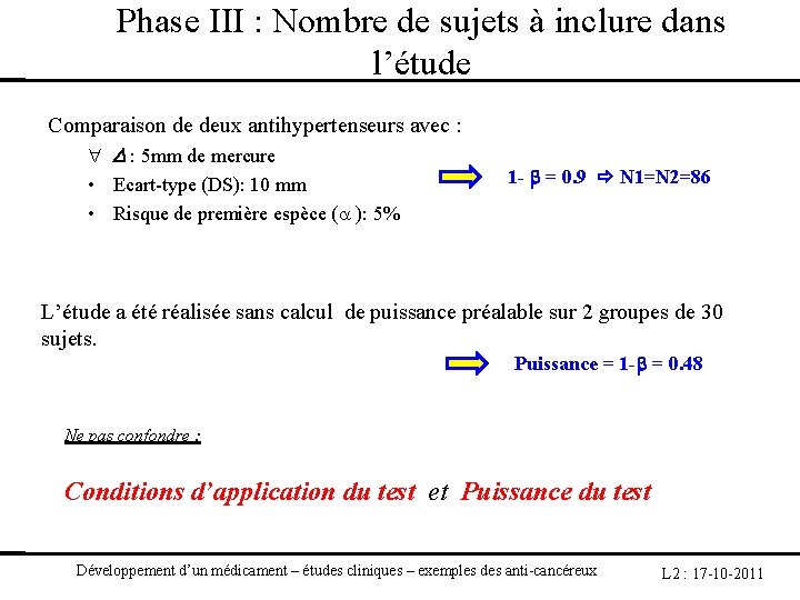 Phase III : Nombre de sujets à inclure dans l’étude Comparaison de deux antihypertenseurs