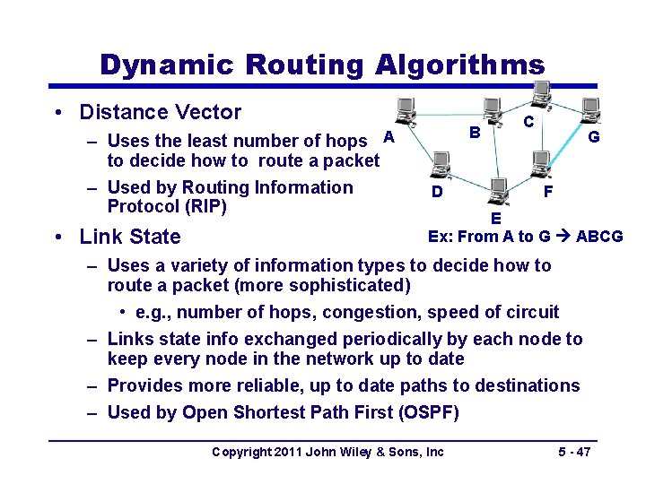 Dynamic Routing Algorithms • Distance Vector – Uses the least number of hops A
