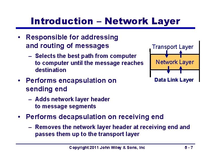 Introduction – Network Layer • Responsible for addressing and routing of messages – Selects
