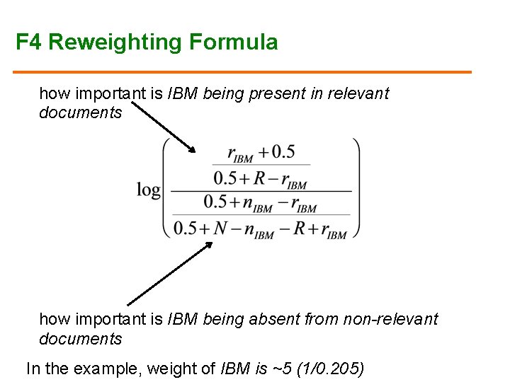 F 4 Reweighting Formula how important is IBM being present in relevant documents how