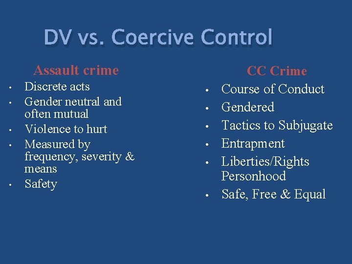 DV vs. Coercive Control Assault crime • • • Discrete acts Gender neutral and