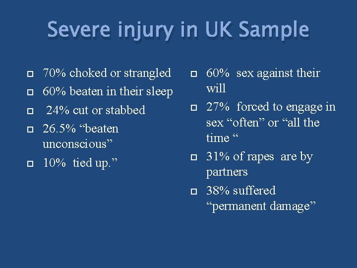 Severe injury in UK Sample 70% choked or strangled 60% beaten in their sleep