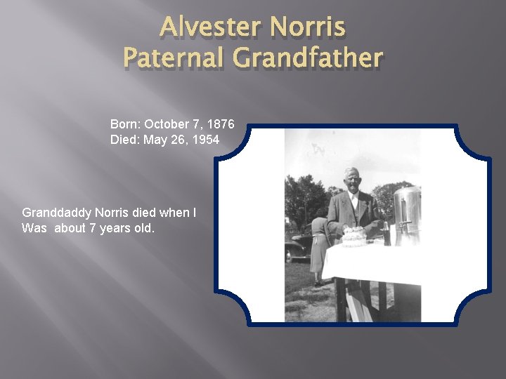 Alvester Norris Paternal Grandfather Born: October 7, 1876 Died: May 26, 1954 Granddaddy Norris