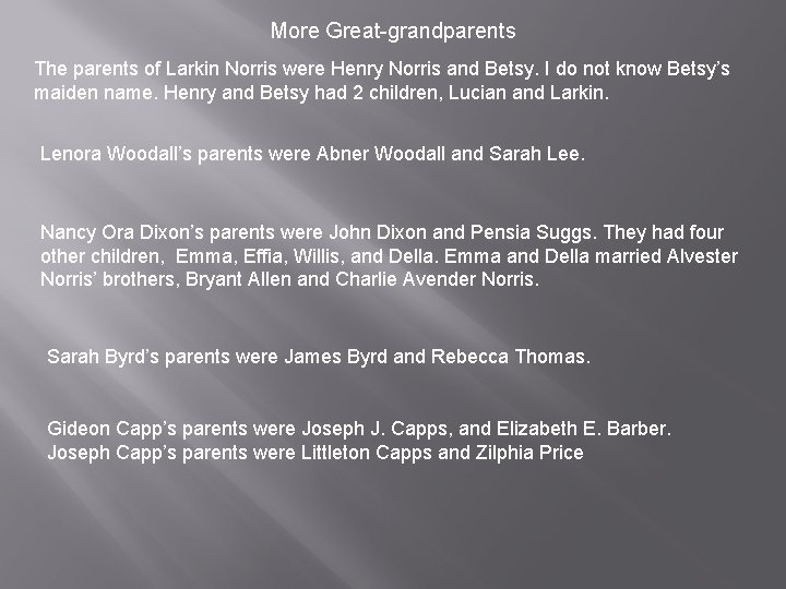 More Great-grandparents The parents of Larkin Norris were Henry Norris and Betsy. I do
