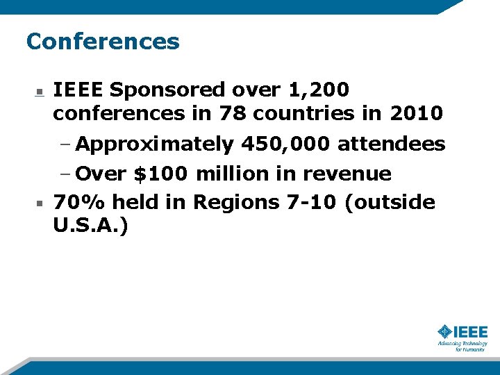 Conferences IEEE Sponsored over 1, 200 conferences in 78 countries in 2010 – Approximately