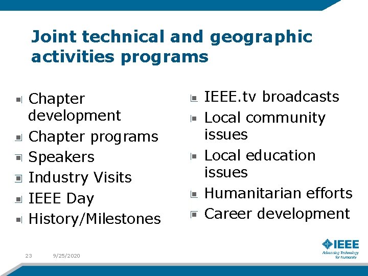 Joint technical and geographic activities programs Chapter development Chapter programs Speakers Industry Visits IEEE