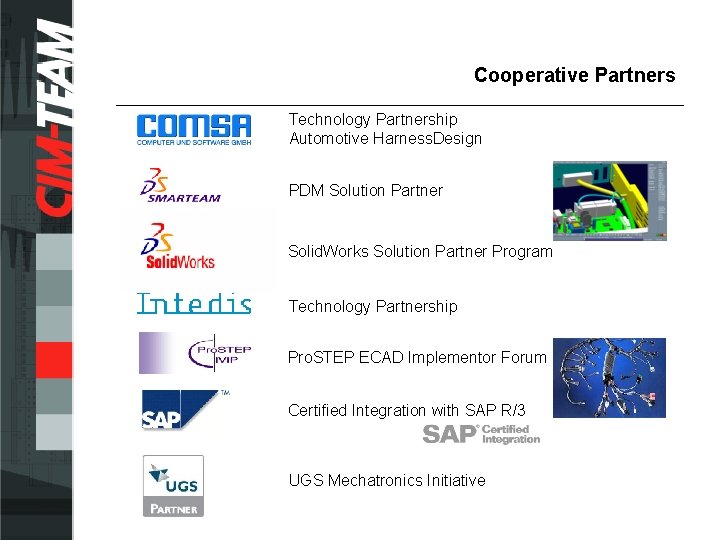 Cooperative Partners Technology Partnership Automotive Harness. Design PDM Solution Partner Solid. Works Solution Partner