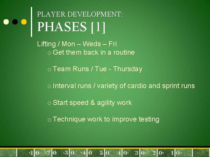 PLAYER DEVELOPMENT: PHASES [1] Lifting / Mon – Weds – Fri o Get them
