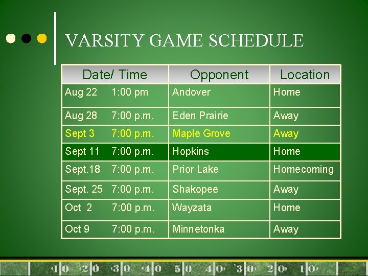 VARSITY GAME SCHEDULE Date/ Time Aug 22 1: 00 pm Opponent Andover Location Home